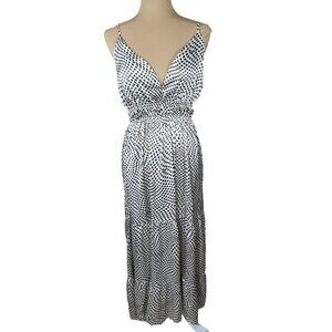 Indulge Maxi Dress Brown and Cream Dot V-Neck Open Back Size L Large